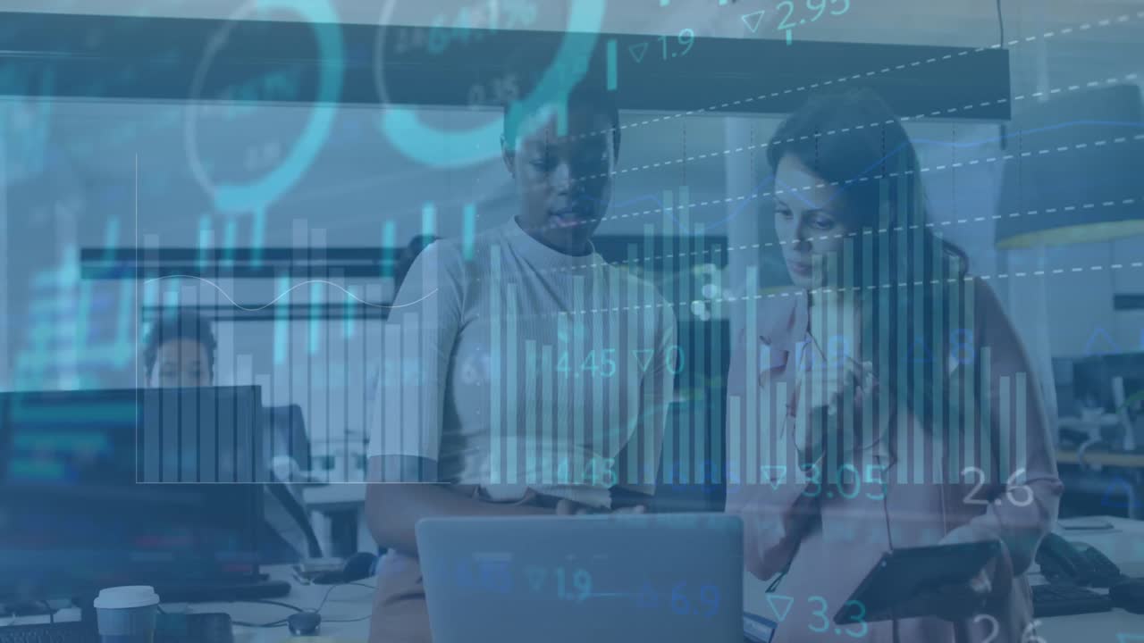 Animation of graphs, circles, bars, numbers, diverse female coworkers discussing reports on laptop