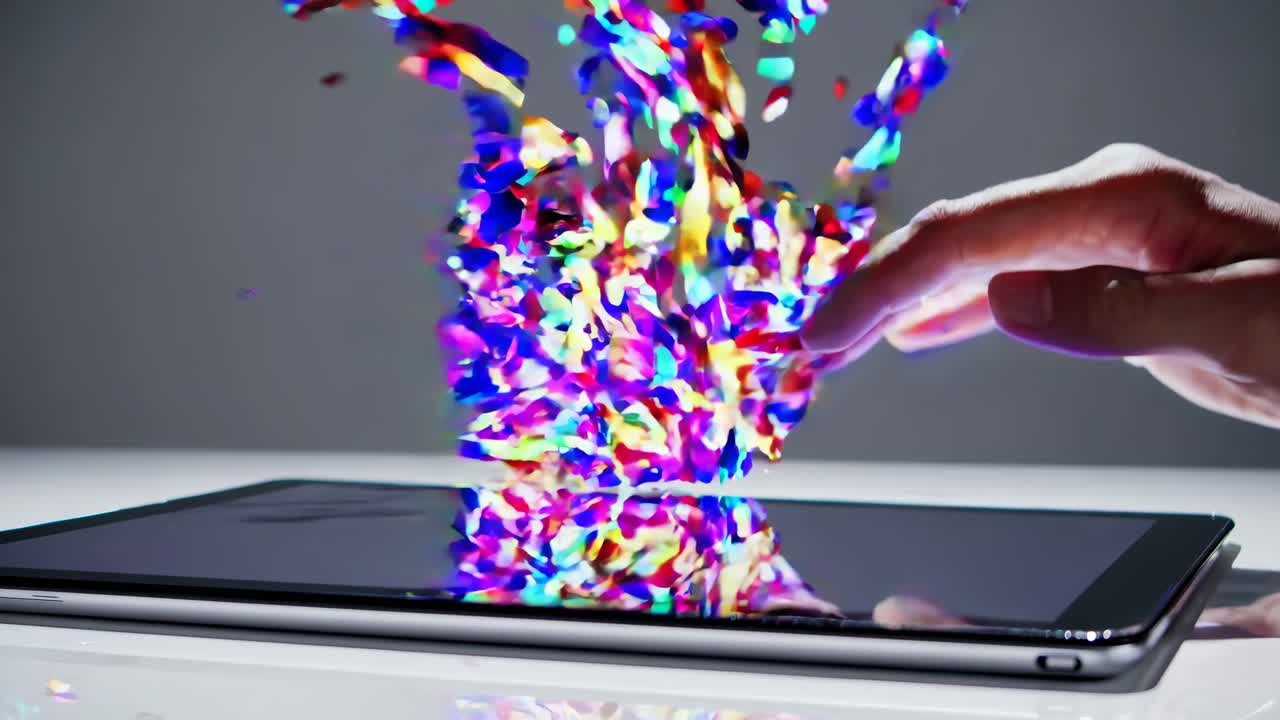 mano interactuando con una tableta que muestra gráficos digitales coloridos.
