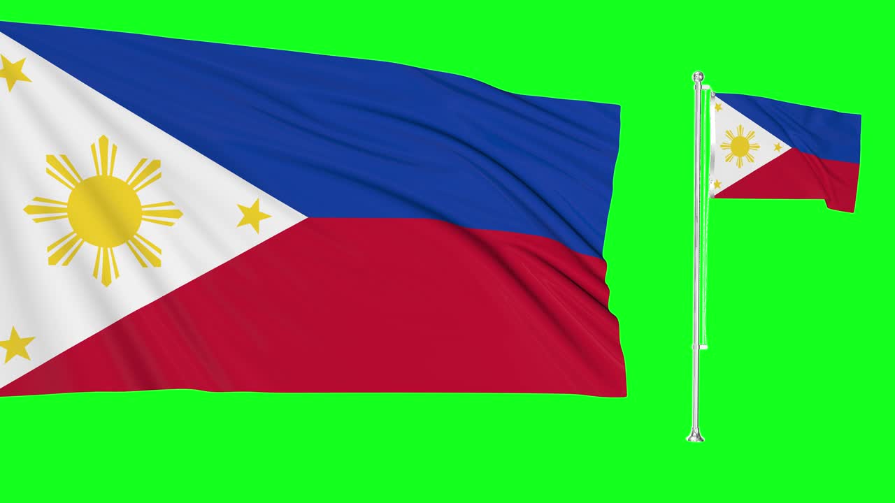 필리핀의 초록색 스크린, 바람에 흔들리는 두 개의 발, 매우 상세한 직물 질감 애니메이션으로 날아가는 필리핀 발 기둥, 4k 3d 크로마 키