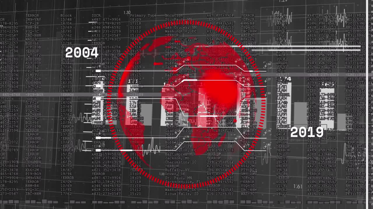 Animation of financial data processing over globe on black background