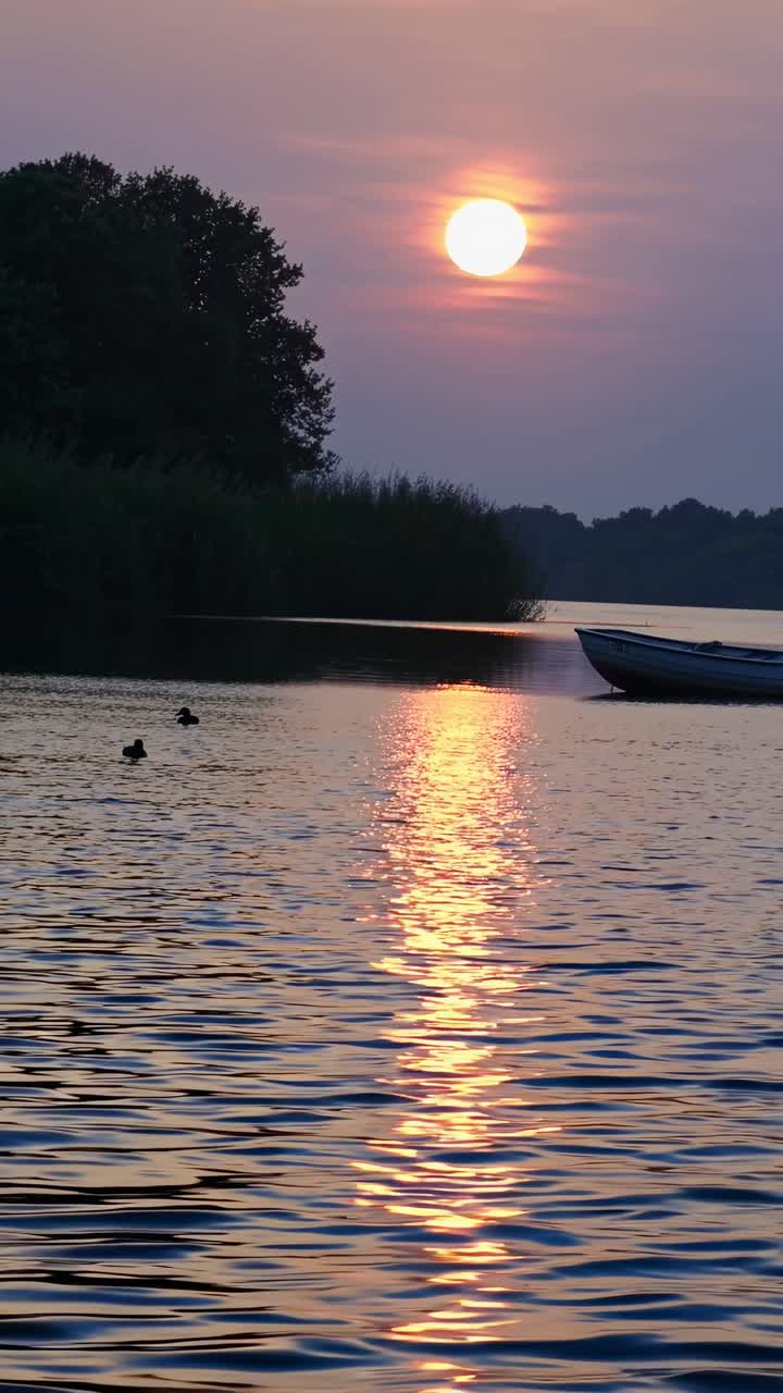Serene sunset over a tranquil lake with ducks and a boat, captured from a low angle