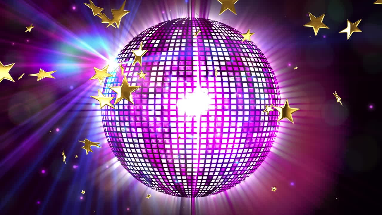 animación de una pelota de discoteca y estrellas sobre fondo negro