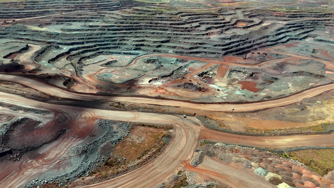 Aerial view of open pit surface mine in South Africa for iron ore extraction