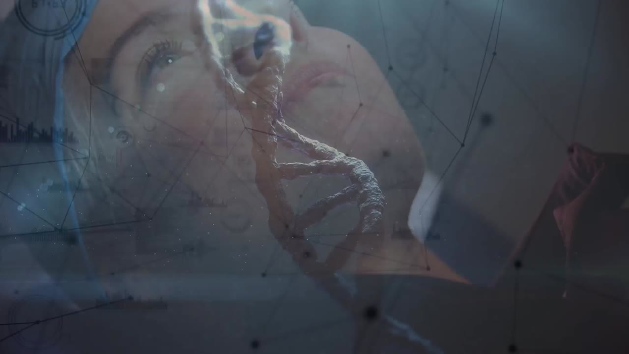 animación de la cadena de adn giratoria y la red de conexiones sobre las mujeres