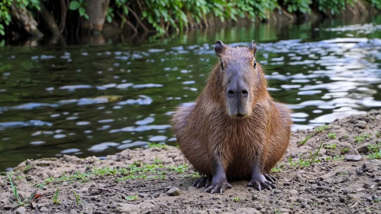 Nærbillede videooptagelse af en kapivar ved en fredfyldt flodbred, der fanger dens rolige fremtoning og naturlige omgivelser.