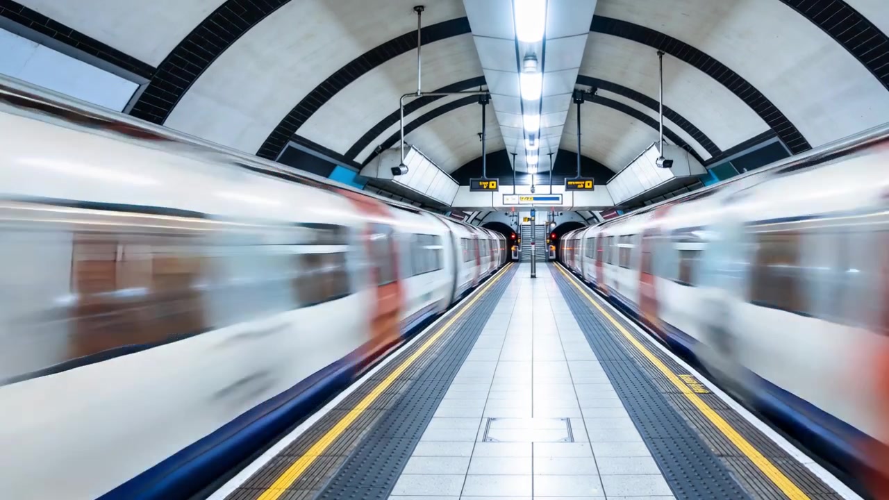 Due treni della metropolitana che si incrociano in partenza, sfocando la banchina della metropolitana e proseguendo il percorso con linee gialle.