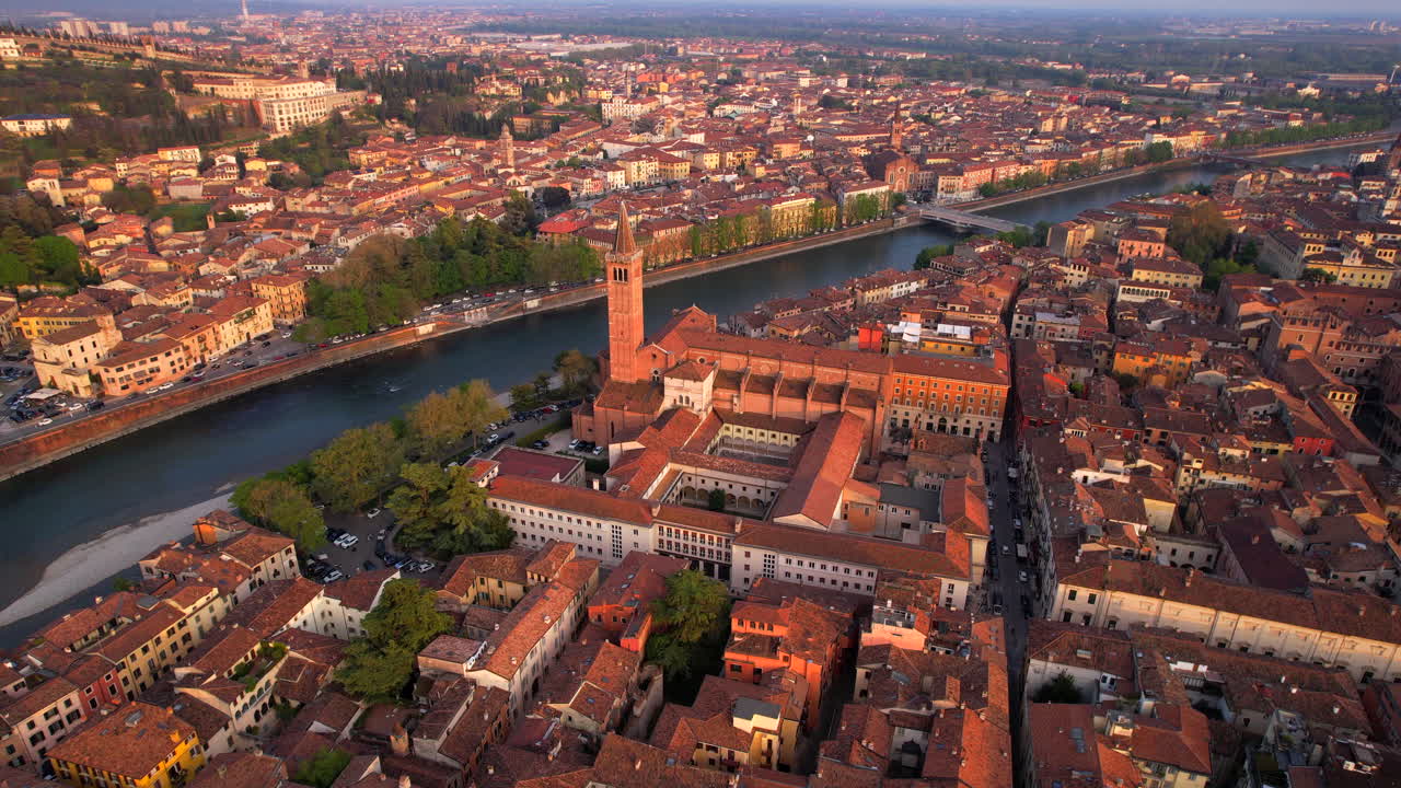 Verona by Adigio river at sunrise. Aerial view