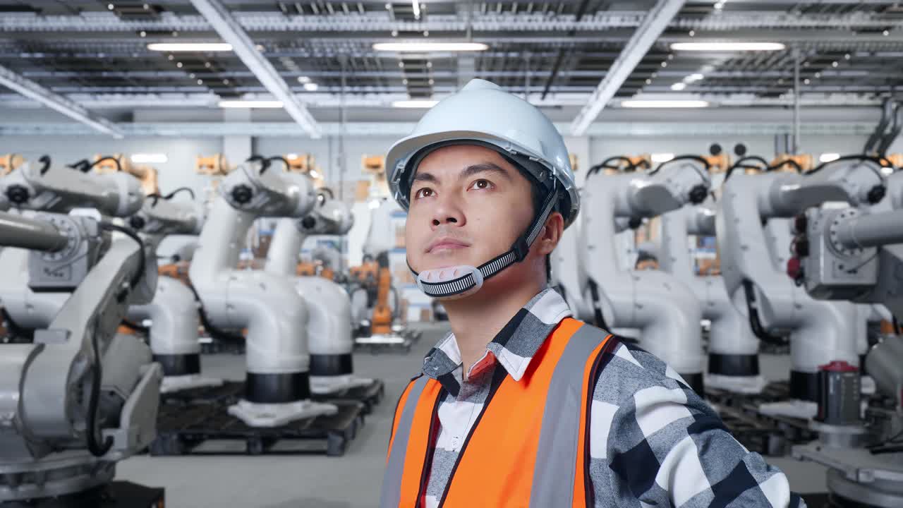 공장에서 산업용 로을 관찰하는 엔지니어