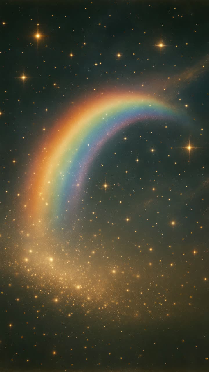 A mesmerizing cosmic scene with a rainbow arching through a starry sky