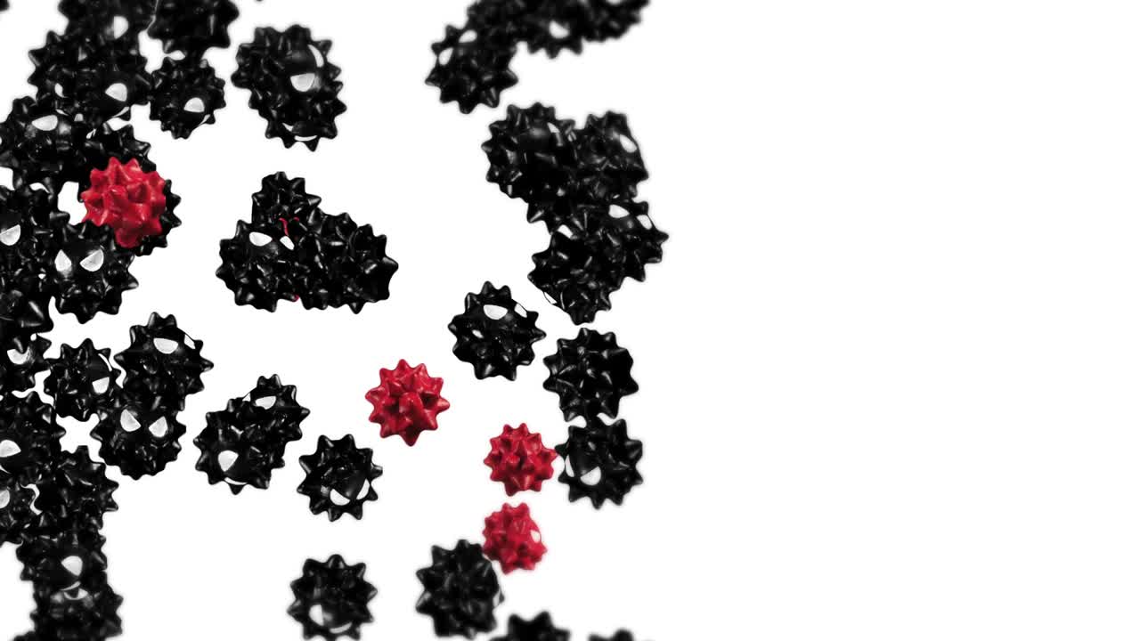 만화 캐릭터에서 많은 바이러스를 날아다니는. 빨간색과 검은색. 새로운 균열. 변종. 의학 개념. 화를 내는 바이러스 마스코트. 3d 루프 애니메이션.