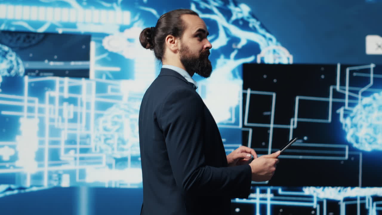 Businessman working with digital AI neural networks system for machine learning