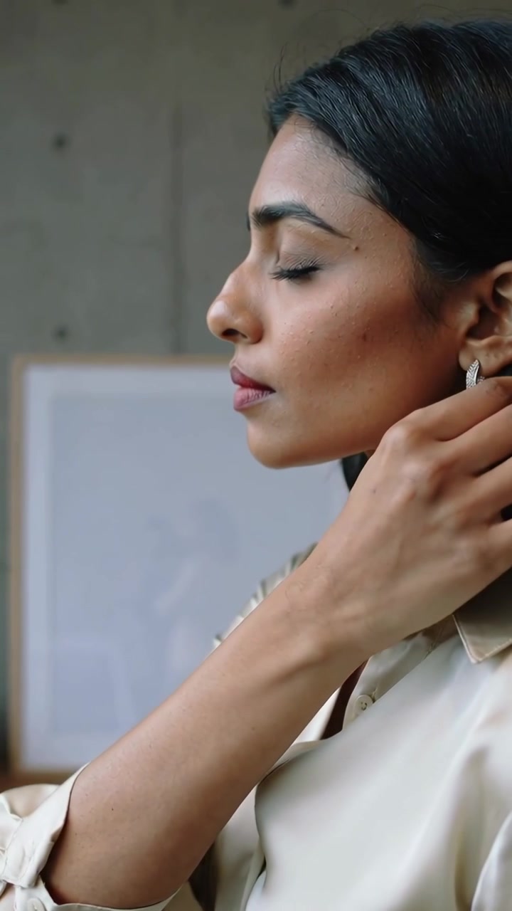Video verticale: Donna che alza la mano e si sistema i capelli dietro l'orecchio in studio, mostrando un orecchino a cerchio d'argento e un top di seta.
