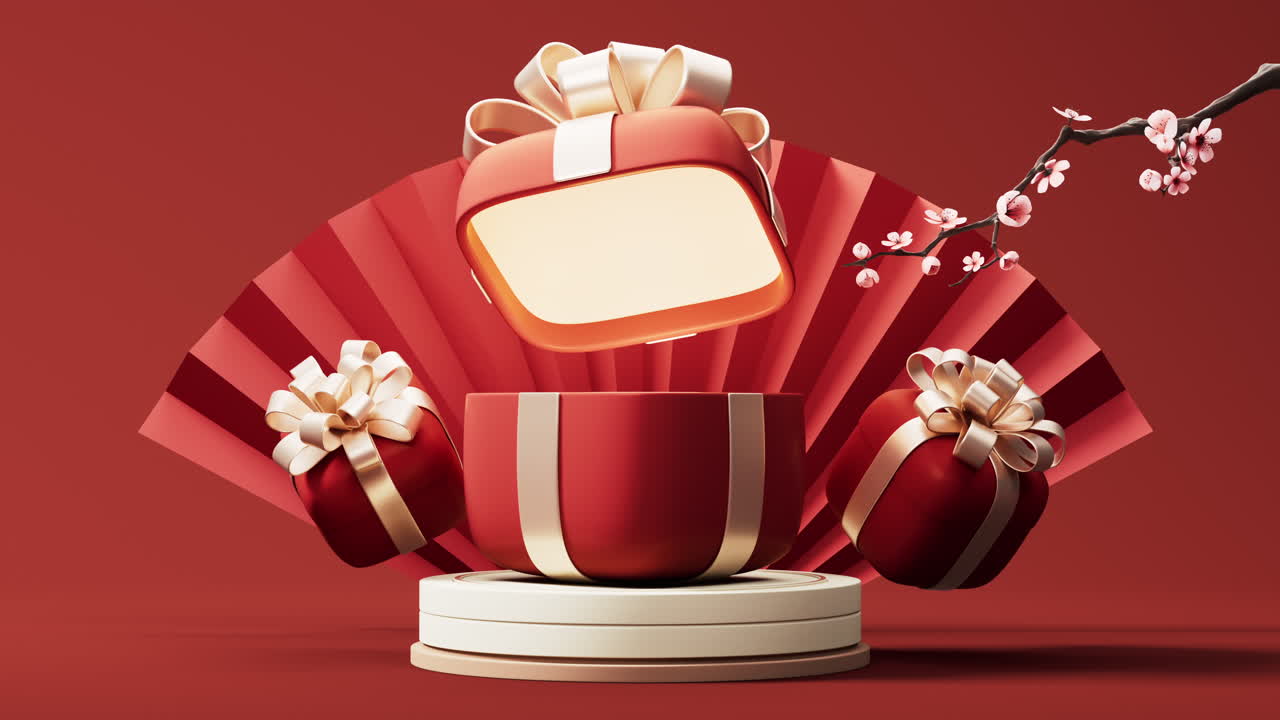Scatola regalo con sfondo di ventaglio cinese antico rosso, rendering 3D