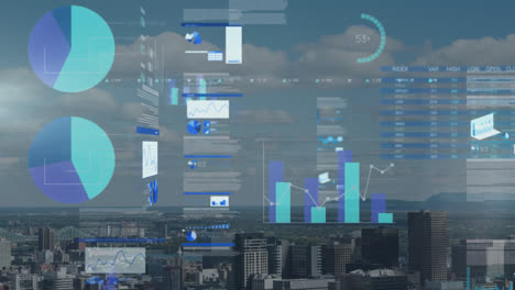 animation of infographic interface over modern cityscape against cloudy sky