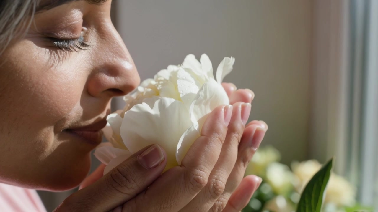 Una donna con un top rosa tenue annusa una grande peonia bianca alla finestra di casa, il profumo la rapisce.