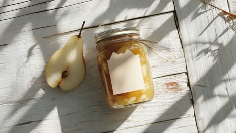 Flat-Lay-of-Pear-and-Ginger-Preserves-on-Rustic-Table