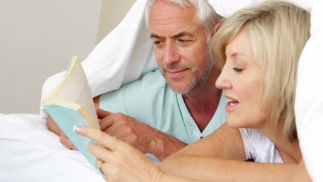 Pareja-Sonriente-Leyendo-Un-Libro-Juntos-En-La-Cama