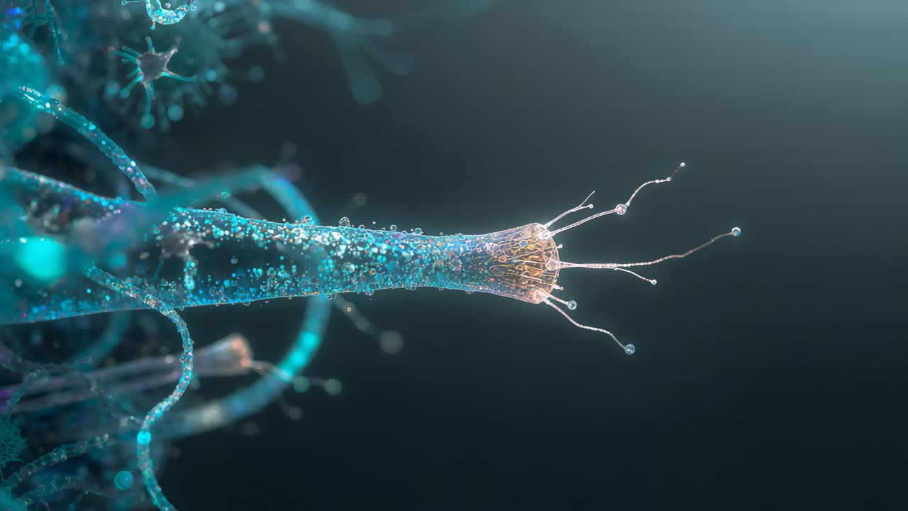 Showing beaded filament at microscale responding to lighting shifts, droplet tipped tendrils moving