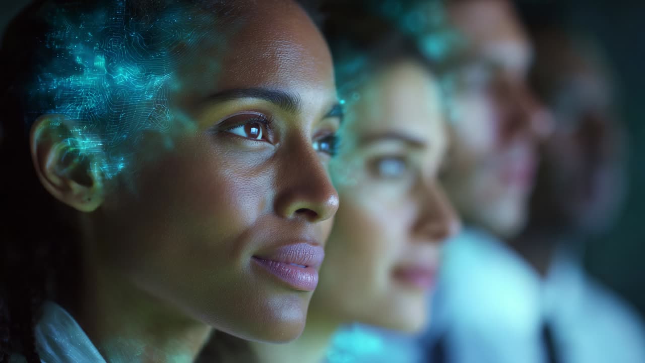 A Thoughtful Expression of Creativity and Innovation: Three Individuals Engaging with Digital Projection in an Inspiring Environment Highlighting the Fusion of Technology and Human Insight