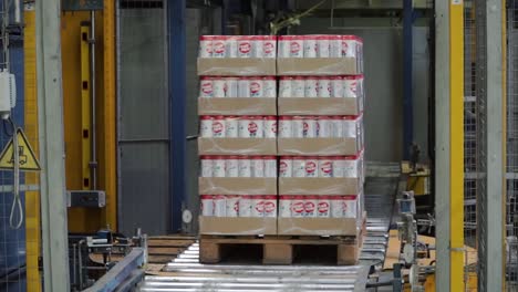 pallet of cans moving on a production line