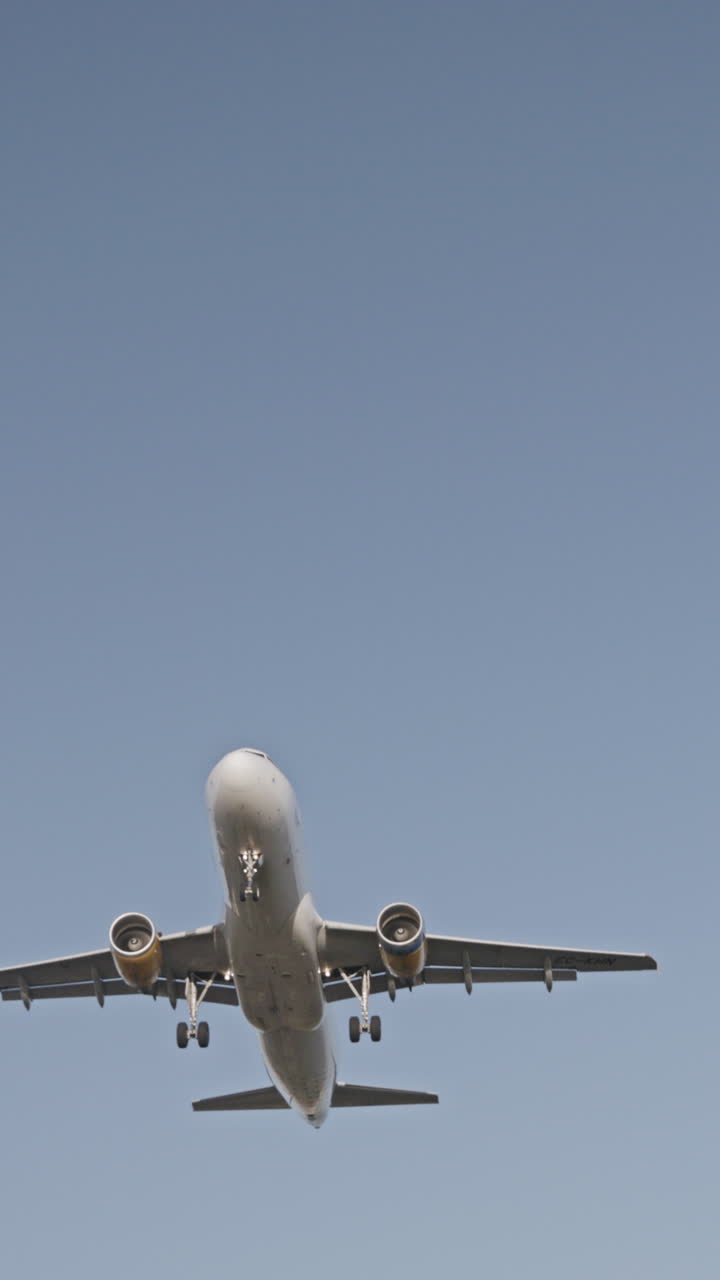 Avión volando en dirección al aeropuerto para aterrizar a cámara superlenta al atardecer en vertical