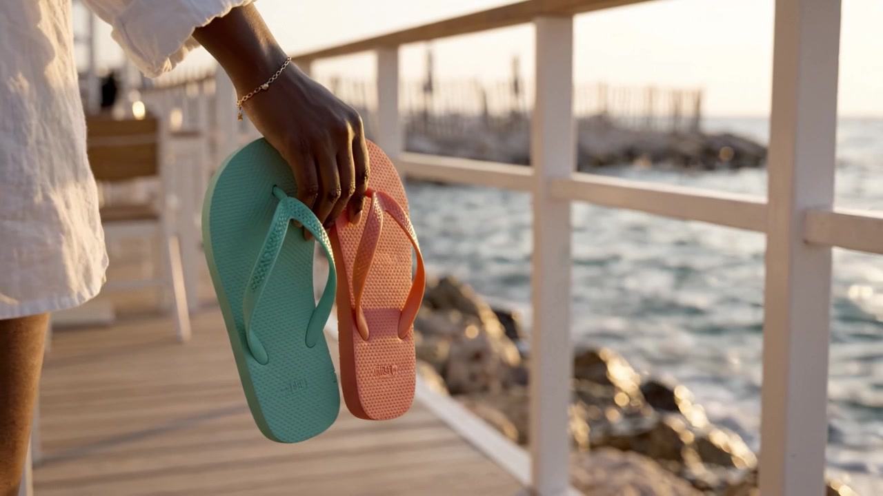 En person holder farverige klipklappere på en strandpromenade ved solnedgang, der viser levende sommerfodtøj mod en naturskøn havbaggrund