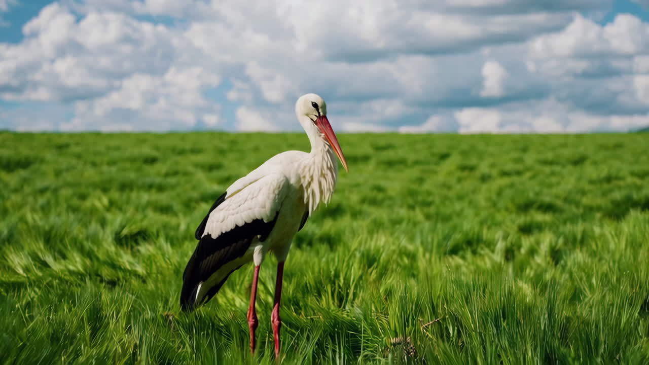 Cigüeña blanca en un campo verde