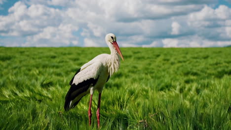 white stork in a green field