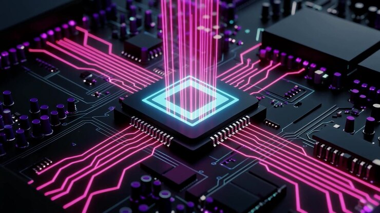 Digital Processor Chip with Glowing Data Streams on Circuit Board