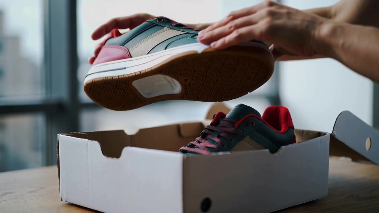 Le mani di una persona sollevano il coperchio di una scatola, rimuovono una sneaker da una scatola di scarpe su un tavolo di legno, ispezionando la suola in gomma.