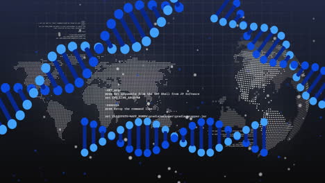 dna strand and binary coding, scientific data processing animation over world map