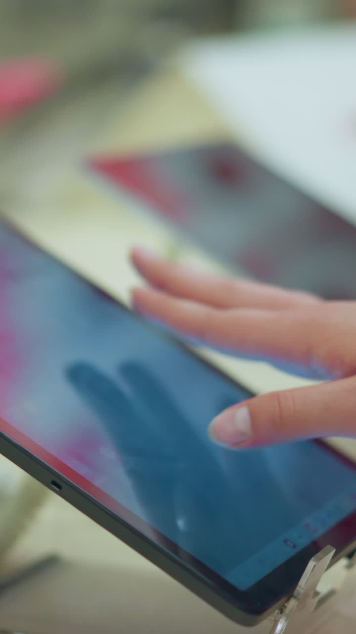 Hand in pink dress interacting with a tablet on a display stand in a bright environment, using the screen to operate the device, the tablet is positioned on a sleek stand in a well-lit