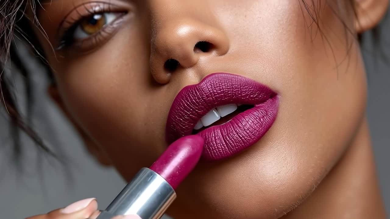 A close up of a woman putting lipstick on her lips