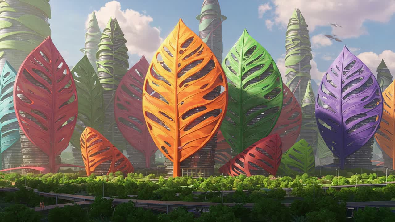 Uma imagem impressionante de paisagens futuristas com folhas vibrantes e imponentes contra um céu de promessa, mostrando a fusão da natureza e da arquitetura avançada