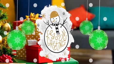 Animation-of-season-greetings-christmas-text-and-snowman-on-blurred-decorations-in-background