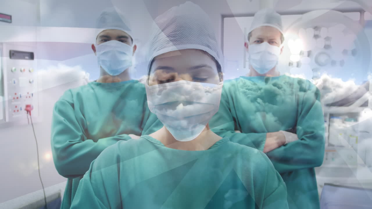 animación de la bandera del reino unido sobre un grupo de médicos con máscaras faciales