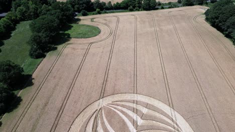 reverse flying across warminster 2023 crop circle on rural british corn field aerial view