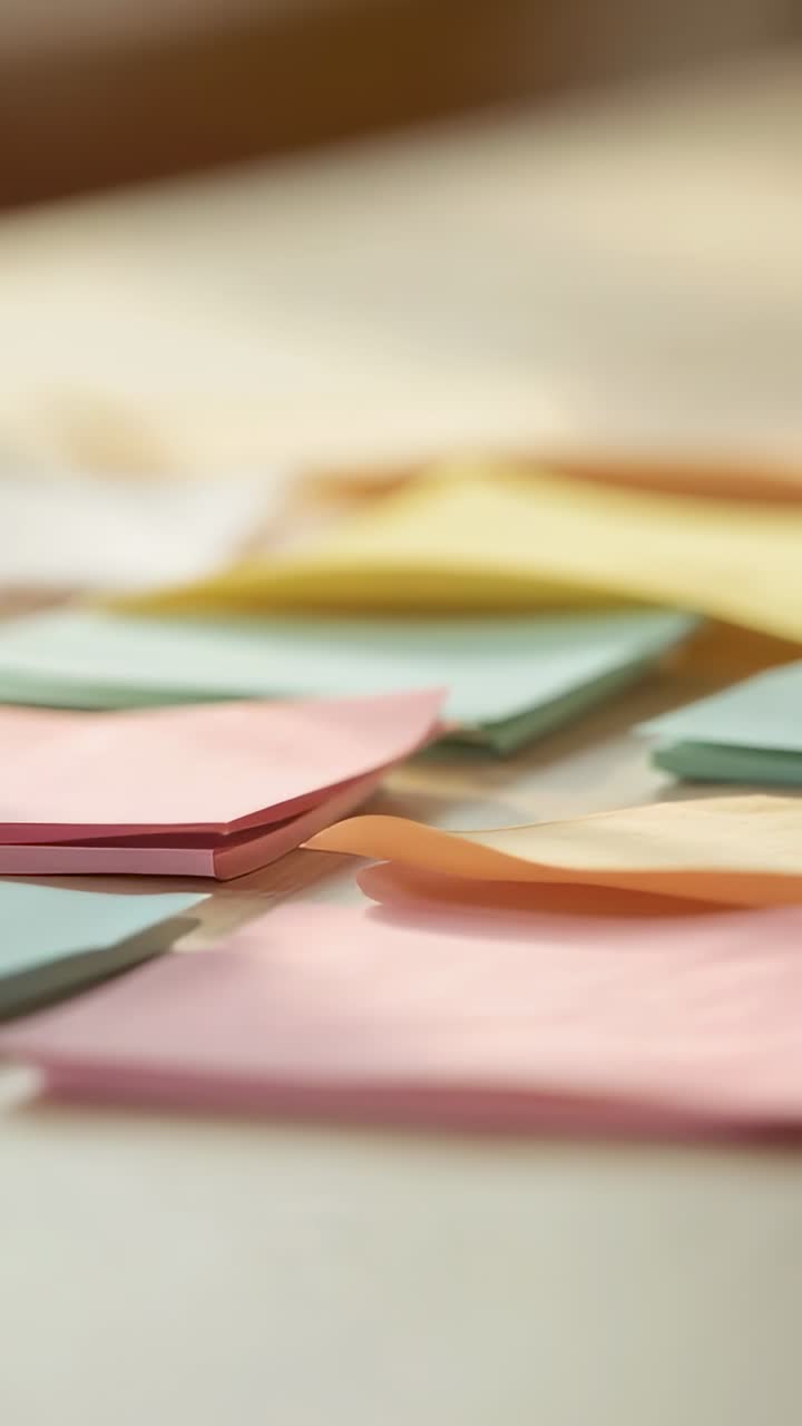 Vertical video: Shifting camera focusing on pastel sticky pads on desk, bringing front pads closer