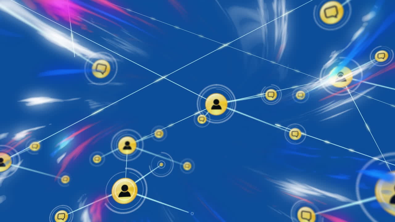 파란색 배경에 디지털 파도를 통해 디지털 아이콘 네트워크의 애니메이션