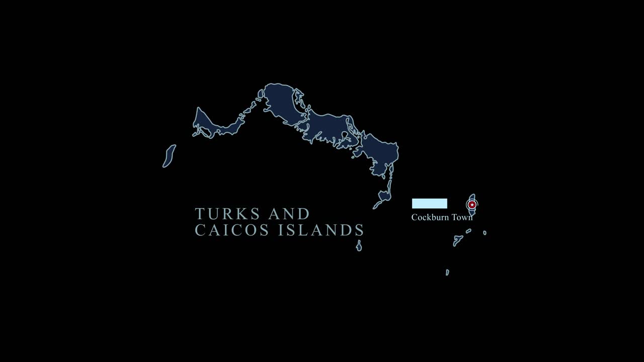 파란색으로 표시된 터크스 케이코스 섬 지도, 번 타운, 수도, 지리적 좌표, 검은색 배경