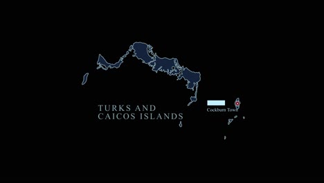 blue stylized turks and caicos islands map with cockburn town capital city and geographic coordinates on black background