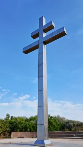 close-up about the grand cross of lorraine near the shoreline of normandy, france