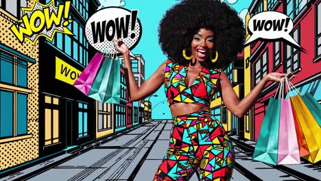 stylish woman shopping in a pop art style city