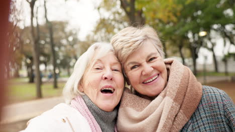 smile, face and senior selfie with women in nature