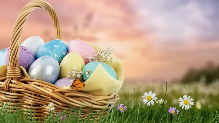 A video still of a wicker basket with colorful Easter eggs on grass, shot at eye level