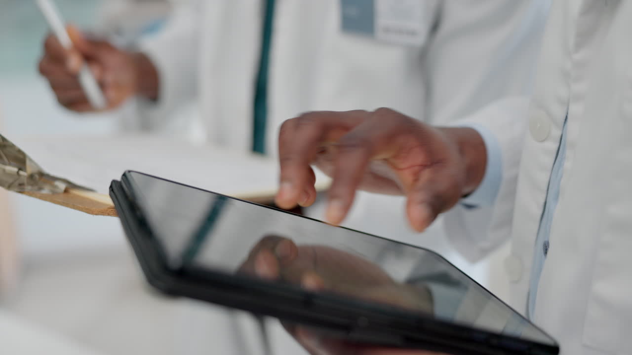 Tablet, search and hands of doctor in hospital