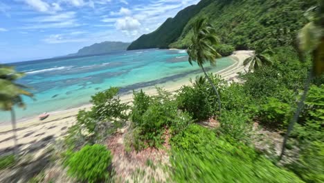 dynamic fpv drone shot between palm trees to a beautiful paradise sand beach,