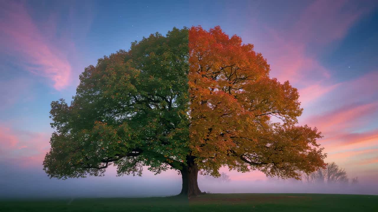 Displaying oak tree shifting green to orange as wipe line moves at meadow, with mist, treeline