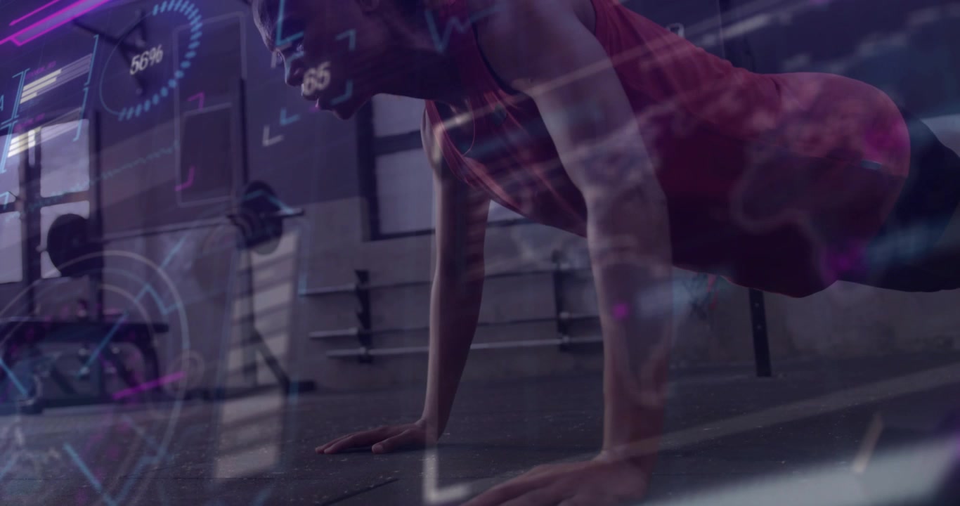 Woman holding high plank and performing push-ups on gym mat while biometric HUD updating fitness