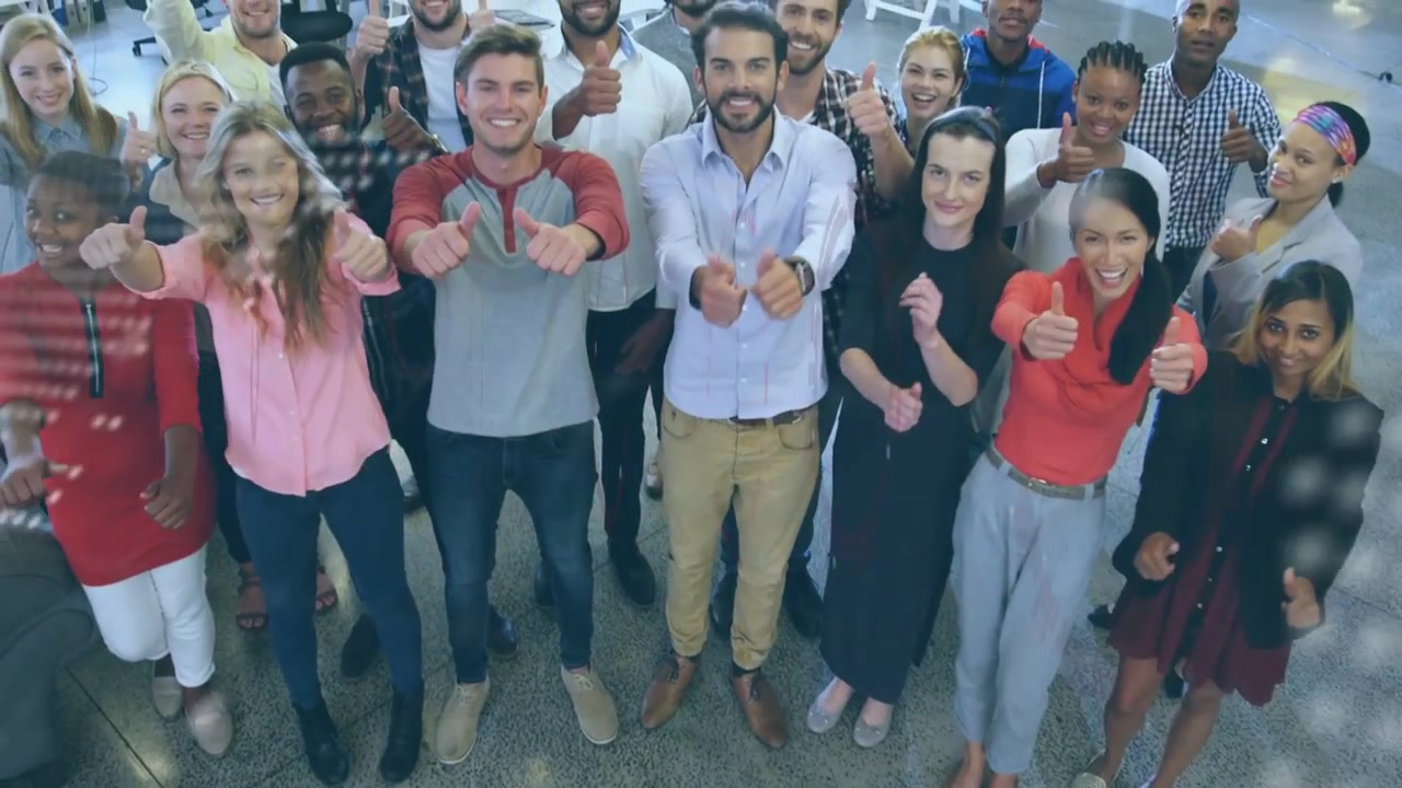 Office team stepping forward after camera pulling, map fading, code scrolling, giving thumbs-up